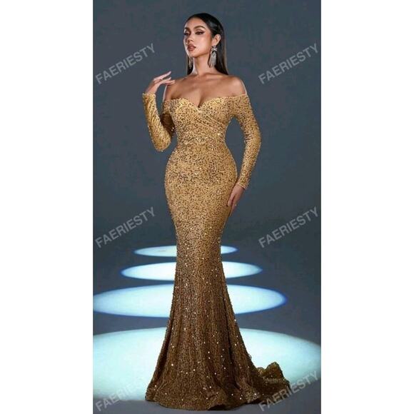 Faeriesty Gold Sequin Mermaid Formal Dress – Off Shoulder, Medium - Picture 1 of 12